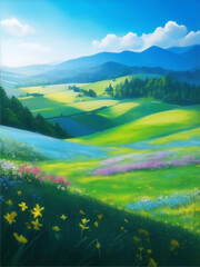 This painting depicts a lush green field with mountains in the background. The field is filled with wildflowers of various colors