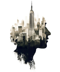 Double exposure, silhouette of a man and cityscape