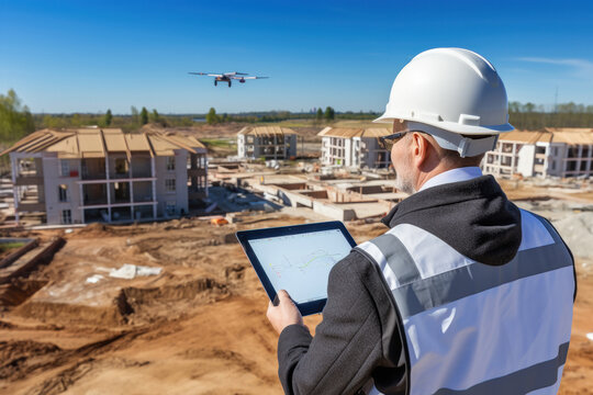 Engineer using drone for checking and survey on site