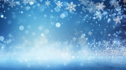 Fototapeta premium Magical heavy snow flakes backdrop. Snowstorm speck ice particles. Snowfall sky white teal blue wallpaper.