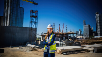 Young and successful female engineer standing at construction site