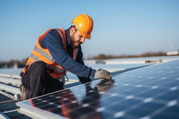 A man who working of solar panel installation on rooftop