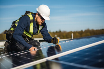 A man who working of solar panel installation on rooftop