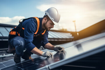 A man who working of solar panel installation on rooftop