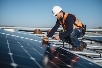 A man who working of solar panel installation on rooftop