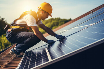 A man who working of solar panel installation on rooftop