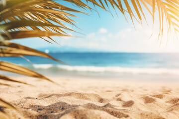 Fototapeta na wymiar palm tree leaf and sunny tropical beach. Travel background