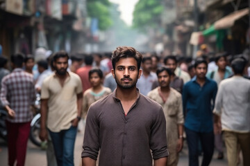 Young Indian man standing in crowd.