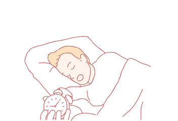 a man overslept and late for work. vector hand drawn style