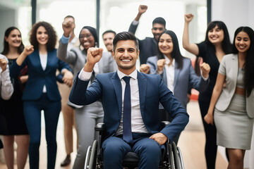 Fototapeta premium Successful businessman giving happy expression with his team