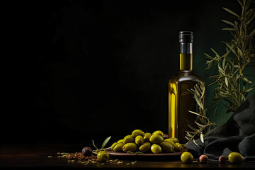 Obraz premium Mock up with plump green olives and bottle of premium olive oil