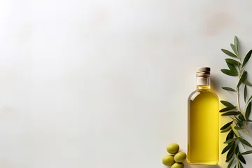 Gordijnen Mock up with plump green olives and bottle of premium olive oil © Beastly