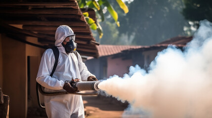Man in protective wear and spraying pesticide. pest control service.