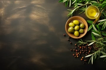 Gordijnen Mock up with plump green olives and bottle of premium olive oil © IonelV