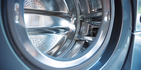 Detailed close-up of a washing machine's drum at a washing machine with a front-load door. - obrazy, fototapety, plakaty