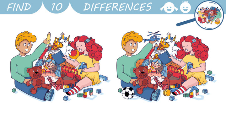 Find differences game. Kids with Pile of Toys. Puzzle Hidden Items. Educational game for kids. Sketch vector illustration