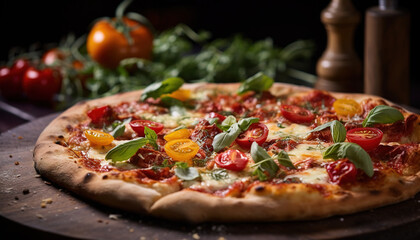Sumptuous pizza in an Italian restaurant, warm and soft glow of the lights, golden and crispy crust