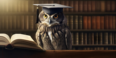 a owl wearing a graduation hat in a library