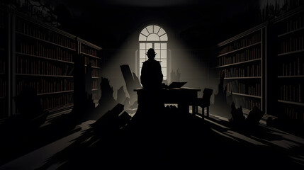 A sinister silhouette in a haunted library.