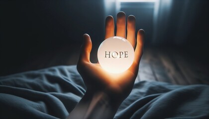 A hand holding a glowing orb with the theme of "Hope".
