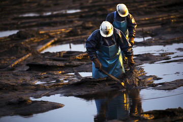 Workers in protective gear cleaning up oil spills, Cleaning Up