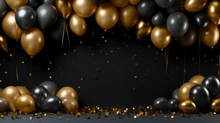 Black present boxes with gold ribbons and many gold balloons tied to them standing in black room