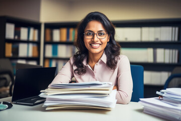 Indian female chartered accountant or bookkeeper sitting at office