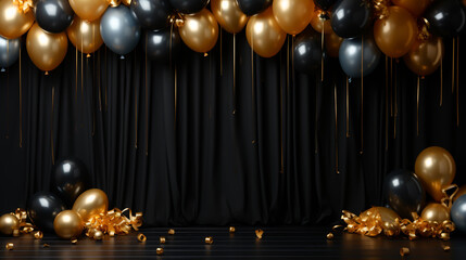 Obraz na płótnie Canvas Black present boxes with gold ribbons and many gold balloons tied to them standing in black room