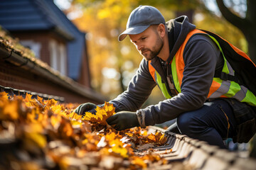 house maintenance, cleaning autumn leaves blocking the roof drainage - obrazy, fototapety, plakaty