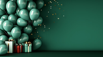 Fototapeta na wymiar present box with green pastel color balloons light green pastel color background with free text space