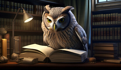 owls reading a book in a library