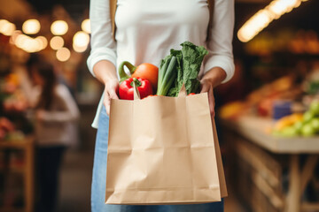 woman holding a full of vegetables paper bag. - obrazy, fototapety, plakaty
