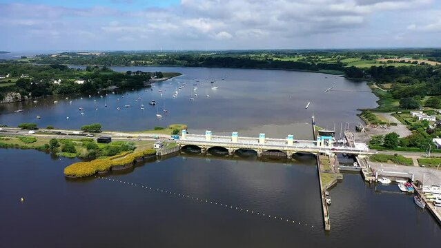 Drone flight, drone image of the Vilaine passage, bridge of ships, sailboats, river, Morbihan department, Brittany, France, Europe