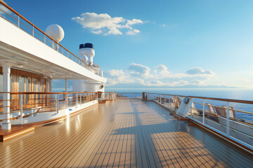 Empty open deck on a cruise ship on the sea in a sunny day