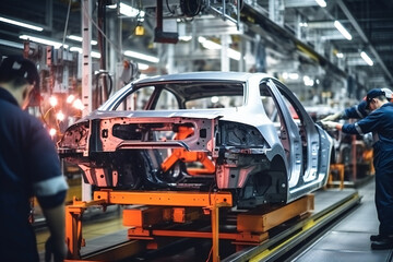 Fototapeta premium Workers working on a car assembly line
