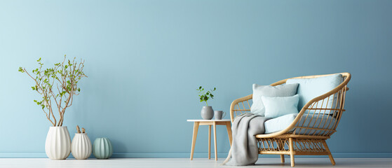 Spacious Wall with Baby Blue Rattan Chair in Corner