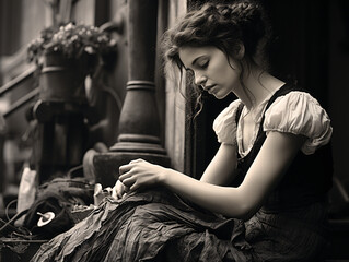 Seamstress Repairing Clothes on Stoop - obrazy, fototapety, plakaty