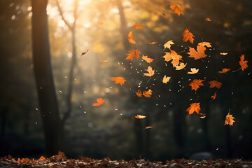 Vibrant autumn leaves are seen falling from a tree, capturing the essence of the fall season.