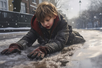  A child is in the process of slipping on an icy sidewalk, emphasizing the hazards of winter weather.