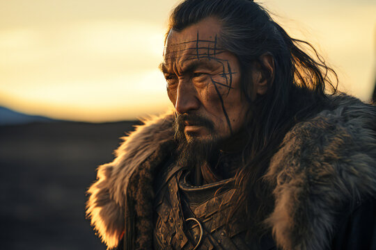 An old Mongol warrior in the mongolian steppe