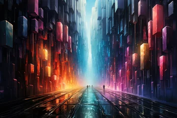 Gordijnen Abstract background, multi colored cube shaped blocks, video game design. Surreal sky fi landscape. © photolas