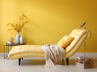 Large Empty Butter Yellow Wall Chaise Lounge in Corner