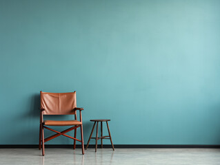 Large Empty Sky Blue Wall Directors Chair in Corner