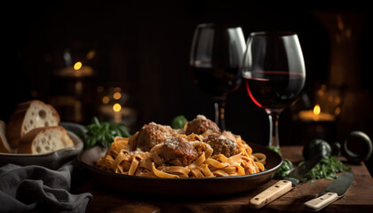 fettuccine with veal meatballs and a glass of red wine