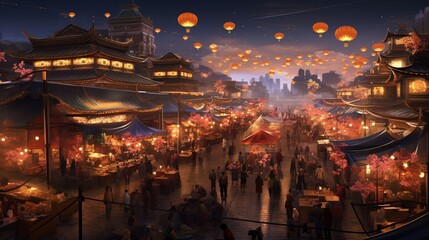 A bustling night market where food vendors serve a diverse array of international cuisine on New Year's Eve.