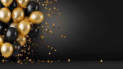 Celebrations background with black and golden balloons, serpentine, confetti, sparkles.