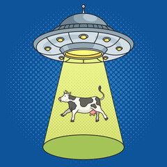 UFO kidnaps the cow pinup pop art retro hand drawn raster illustration. Comic book style imitation. © Oleksandr Pokusai