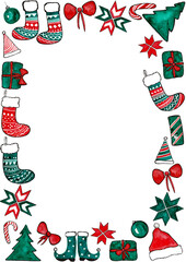 Frame of various Christmas elements on white background. Red and green colors, black outline. Christmas ornament, tree, decorations, gift socks, elf hats and boots, bow, gifts, crochet lollipops.