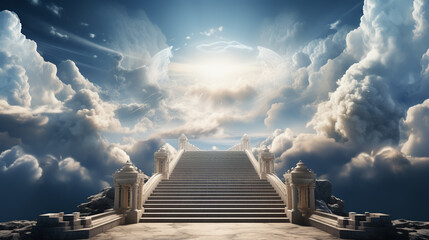 Stairway Curving Through Clouds Into The Light Of Heaven With Blue Sky