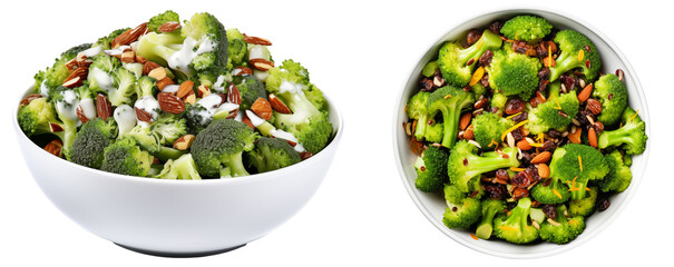 Collection of two broccoli salad bowls with raisins and almonds isolated on transparent background - obrazy, fototapety, plakaty